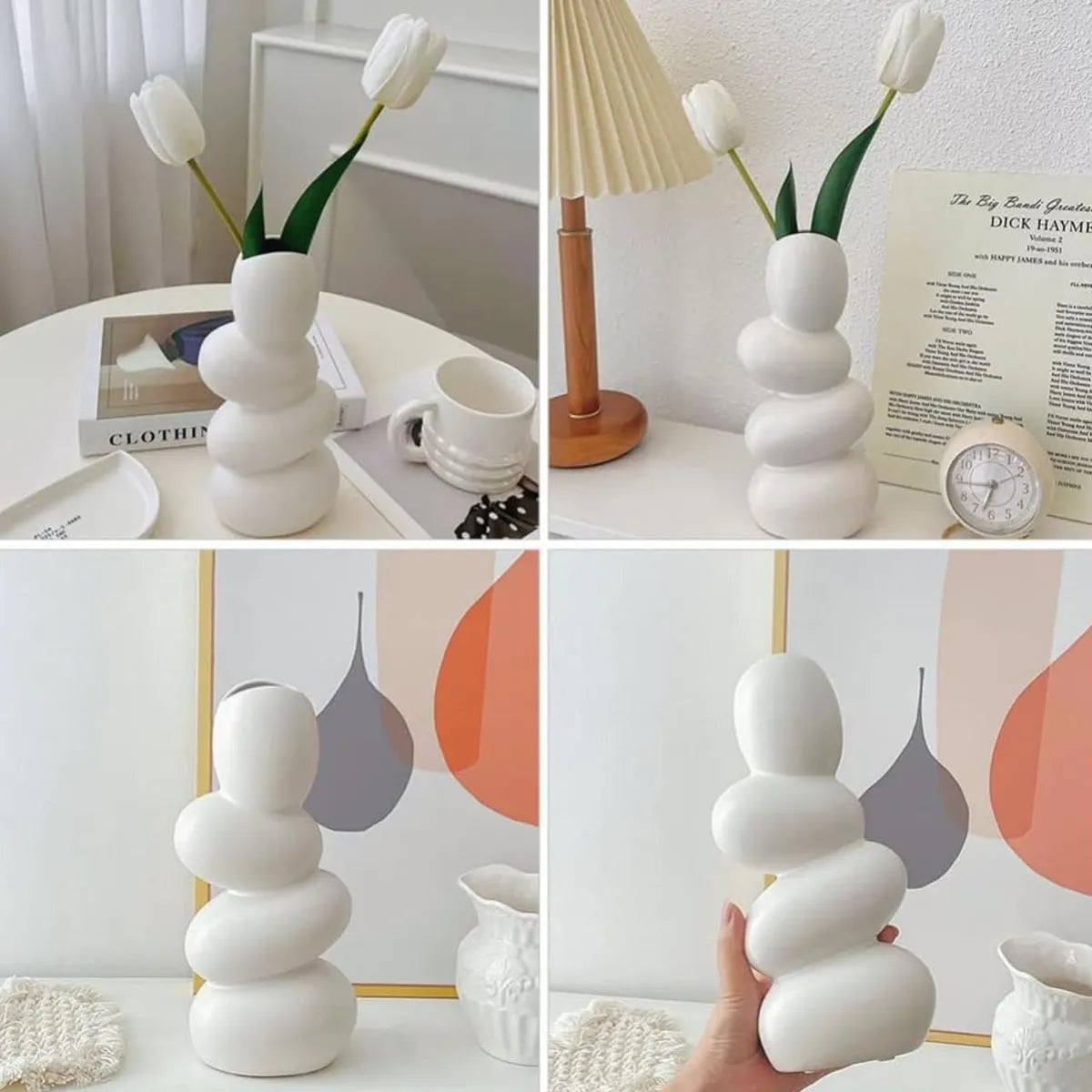 Aesthetic white ceramic wave flower vase with tulips, minimalist design for modern decor.